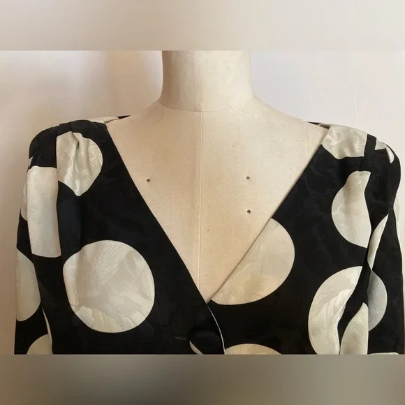 Flora Kung Large Polka Dot Black and White 2pc Peplum Floral Midi Ensemble Retro - Picture 3 of 16